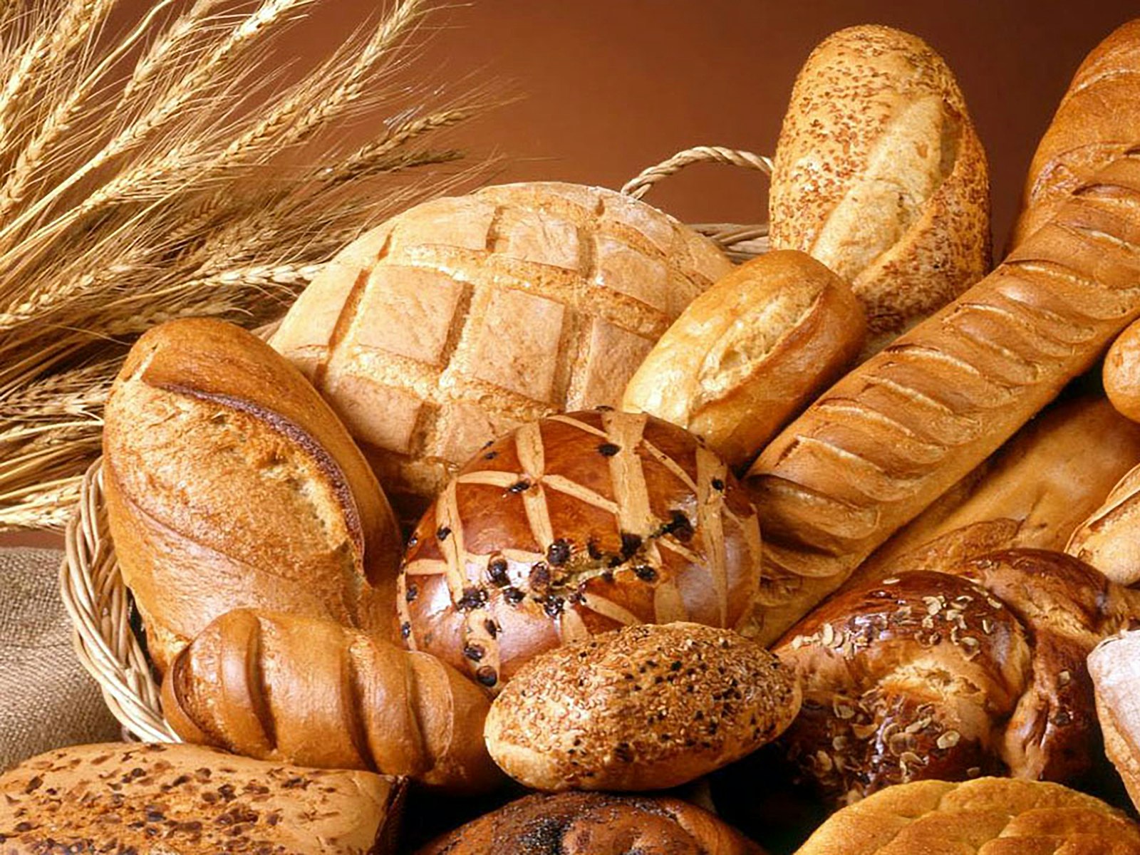 A basket of baguettes, rolls and country loaves